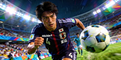 FIFA Online 4 亚运比赛画面，球员带球突破瞬间特写
