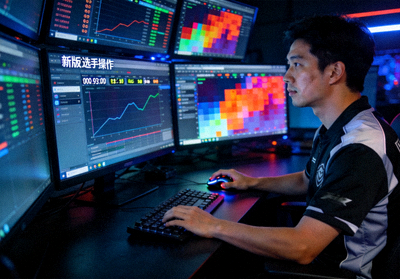 电竞数据分析师通过多块屏幕监控新版本下的选手操作数据与热力图