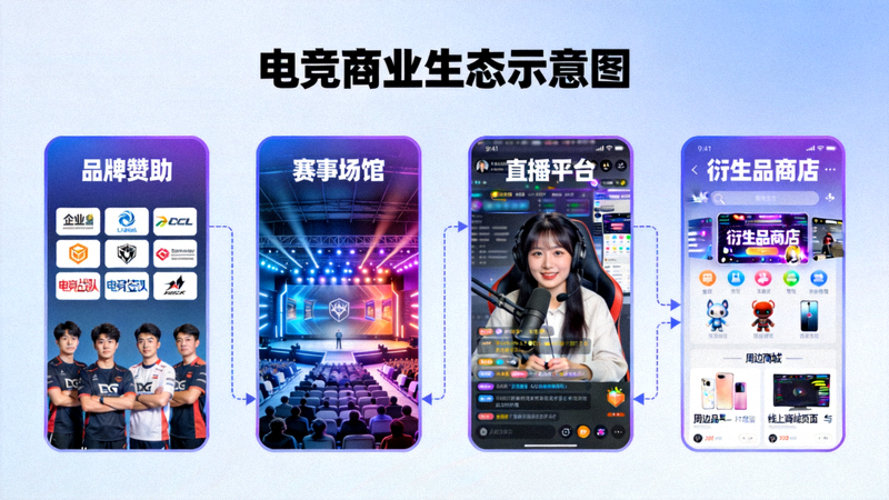 电竞商业生态示意图，包含品牌赞助、赛事场馆、直播平台与衍生品商店的联动网络