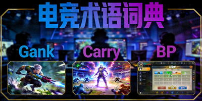 电竞术语词典封面图，包含Gank、Carry、BP等常见词汇的视觉化解释