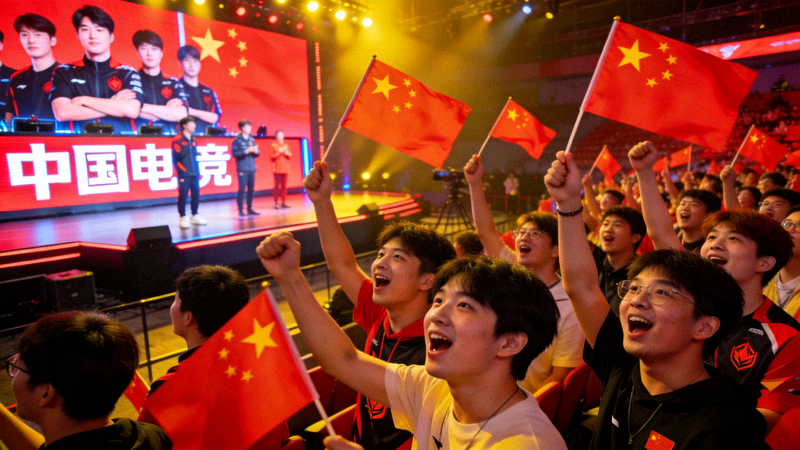 年轻观众挥舞国旗为电竞国家队加油的现场照片，体现电竞带来的民族自豪感与文化认同