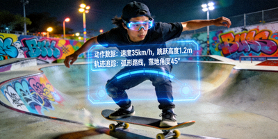 运动员使用AR眼镜进行滑板训练，界面显示动作数据和轨迹