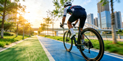 骑行者在城市绿道上骑行公路自行车的画面